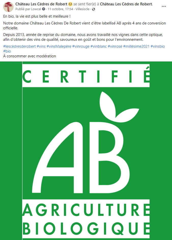 facebook-rédaction-post-domaine-viticole-certification-ab-bio-château-les-cèdres-de-robert-villesiscle