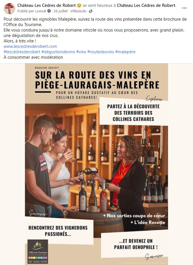 facebook-community-management-rédaction-post-route-des-vins-malepère-château-les-cèdres-de-robert-villesiscle