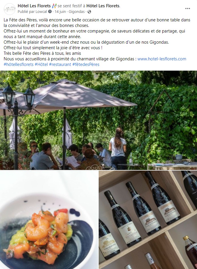 facebook-rédaction-programmation-publication-terrasse-détente-bien-être-manger-boire-vivre-hôtel-restaurant-les-florets-gigondas