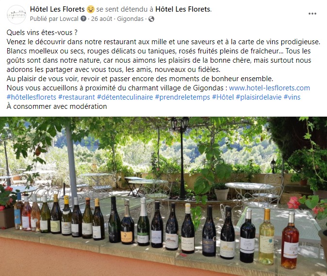 facebook-rédaction-publication-carte-des-vins-hôtel-restaurant-les-florets-gigondas