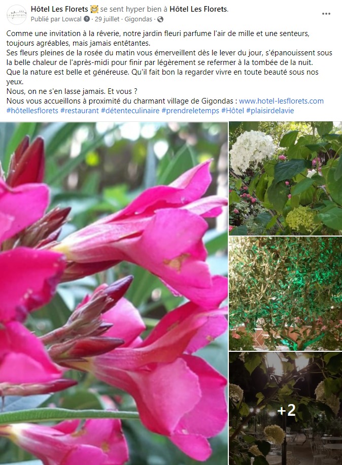 facebook-rédaction-post-jardin-extérieur-fleurs-balade-nature-sud-hôtel-restaurant-les-florets-gigondas