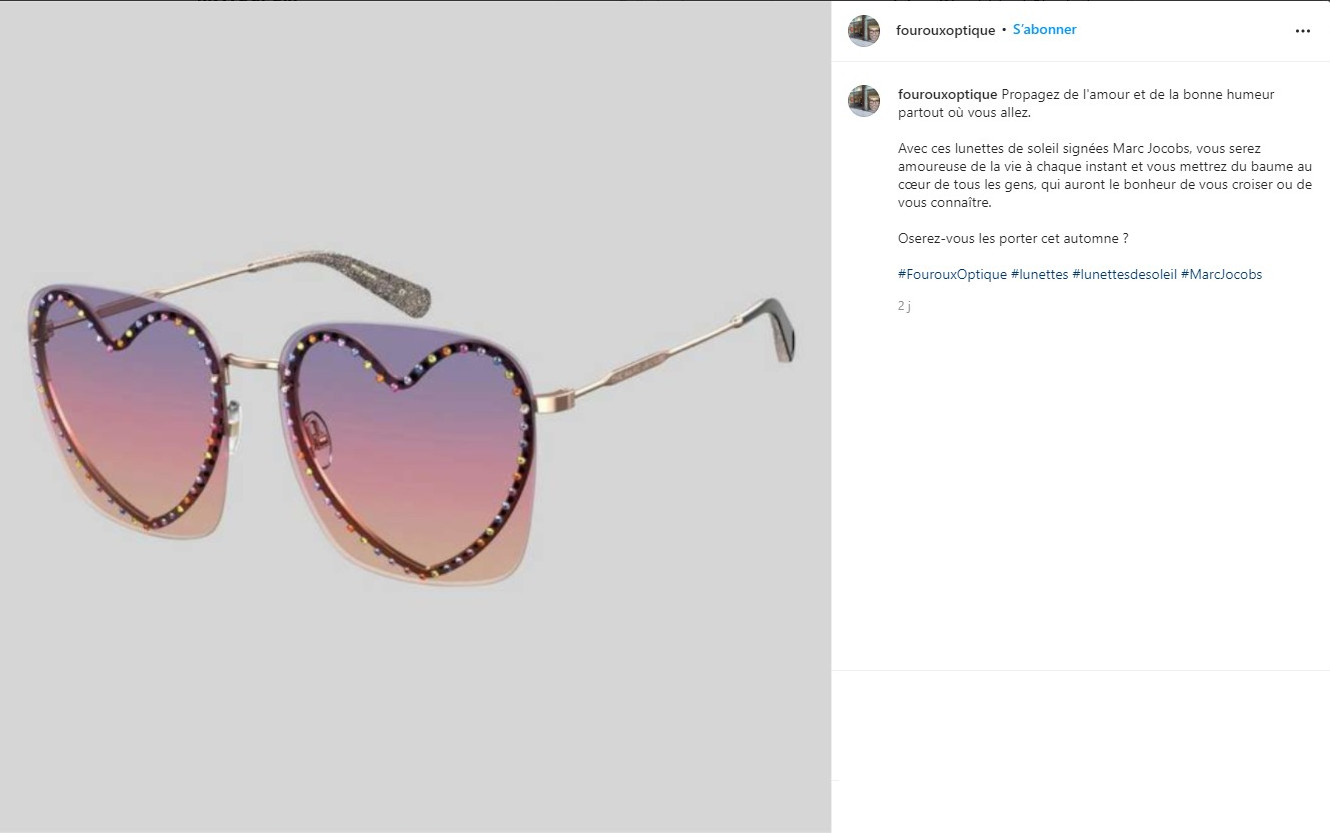 instagram-rédaction-post-texte-lunettes-de-soleil-femmes-marc-jocobs-opticien-fouroux-optique-montauban-concepteur-rédacteur-lyon
