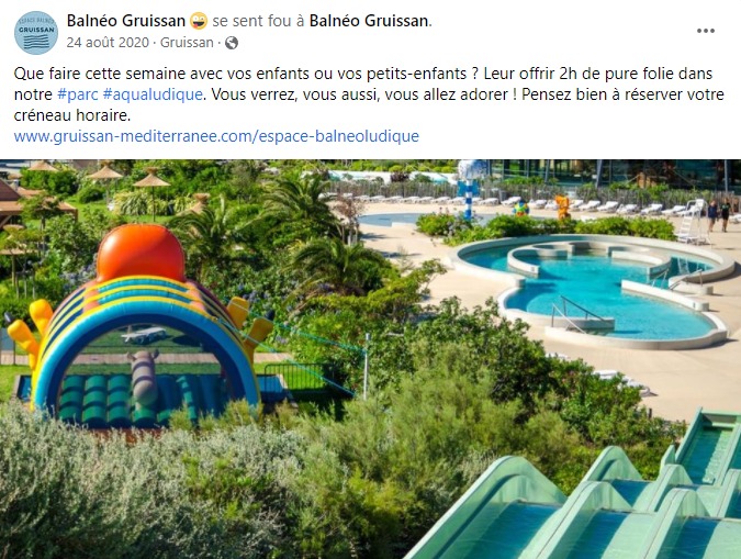 facebook-rédaction-publication-piscine-extérieure-jeux-toboggans-enfants-espace-balnéoludique-gruissan
