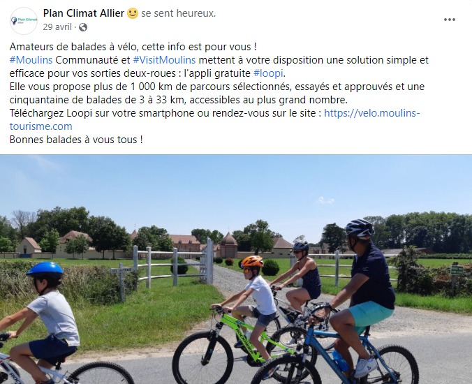 facebook-rédaction-post-application-loopi-deux-roues-cycles-vélo-cyclistes-plan-climat-allier