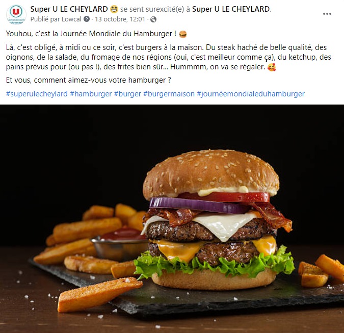 facebook-rédaction-post-texte-journée-du-hamburger-viande-frites-hypermarché-supermarché-magasin-grande-surface-super-u-le-cheylard